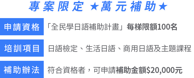 1.「全民學日語補助計畫」，每梯限額100名2.日語檢定、生活日語、商用日語及主題課程3.符合資格者，可申請補助金額$10,000元